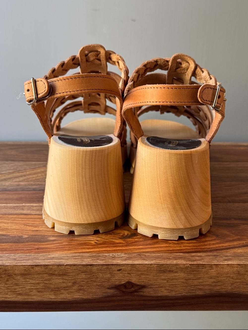 New Swedish Hasbeens Braided Tan Leather Wood Platform Sandals - Picture 4 of 10